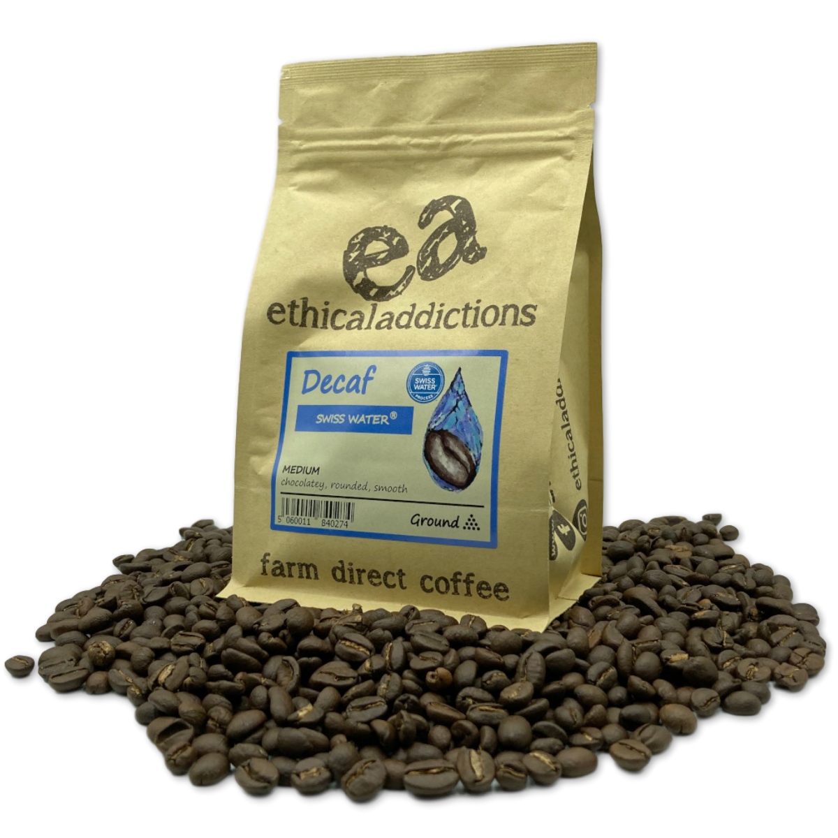 Ethical Bean Decaf bag surrounded by roasted beans